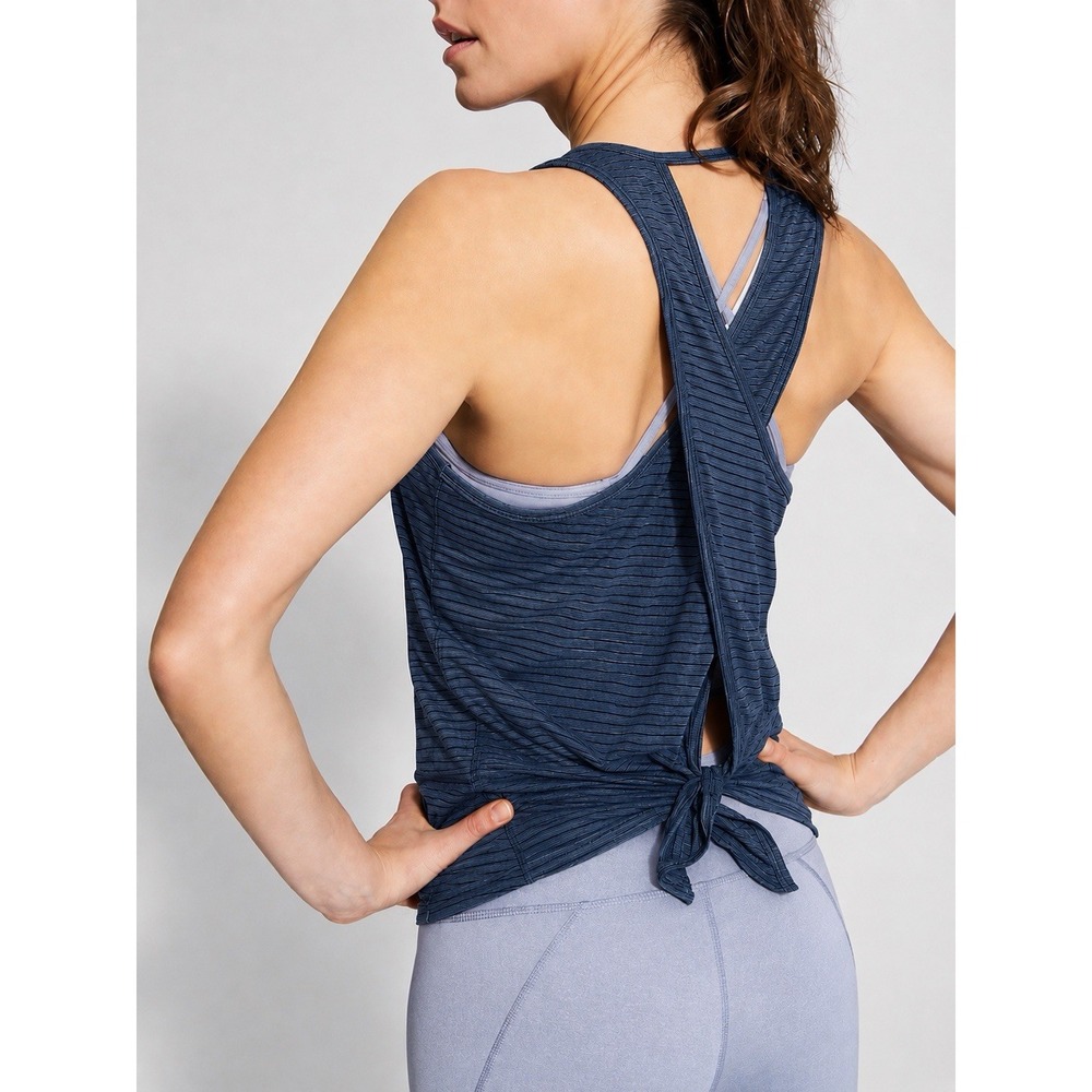 Athleta Essence Texture Tie Back Tank Blue Gray Striped Racerback Yoga Top Small